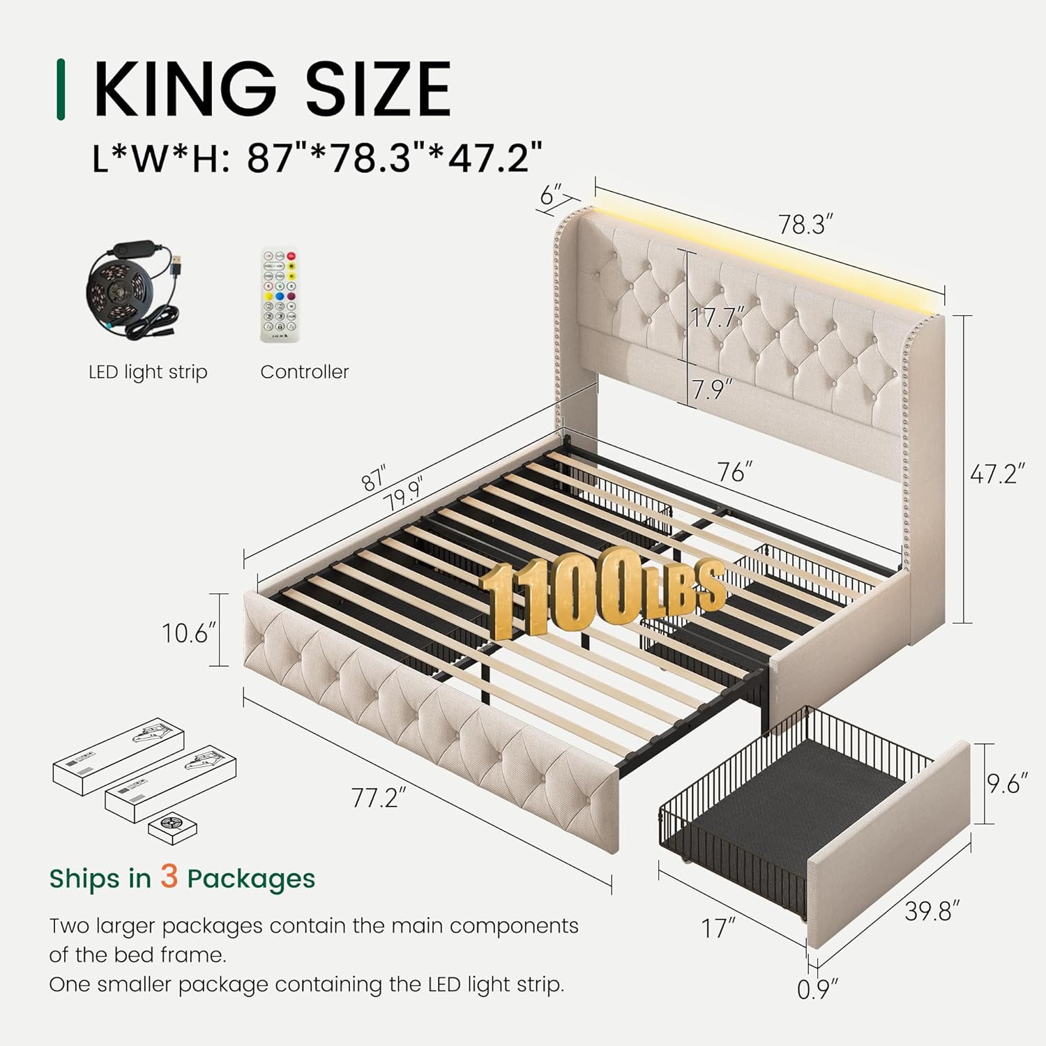 Korav Upholstered Bed Frame with Storage Drawers and LED lights