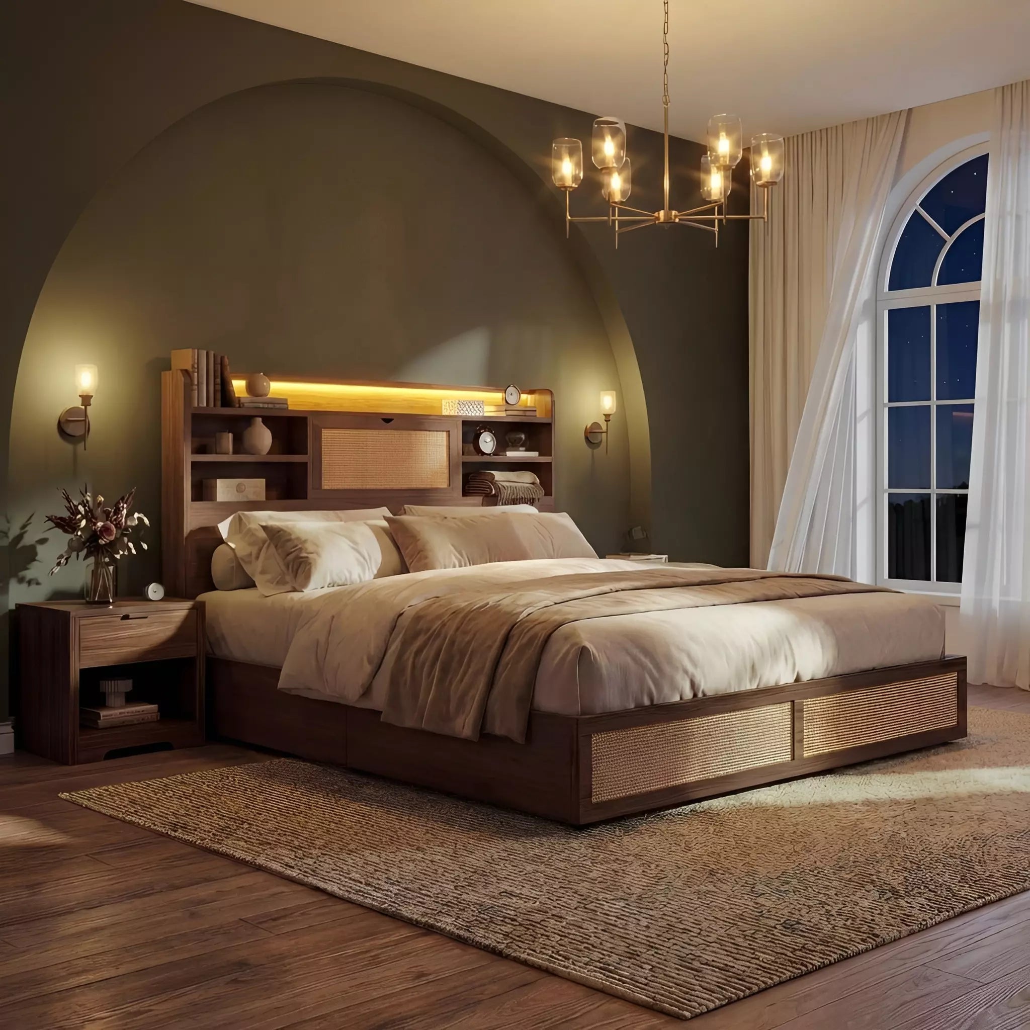 Boho Chic Rattan Storage Bookcase Bed Frame