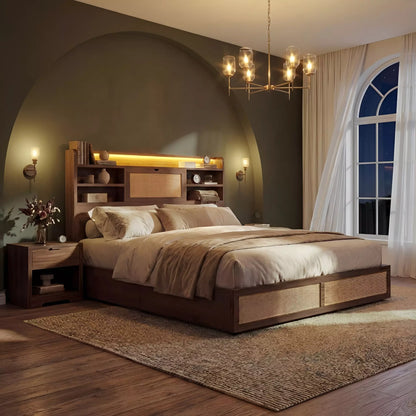 Boho Chic Rattan Storage Bookcase Bed Frame