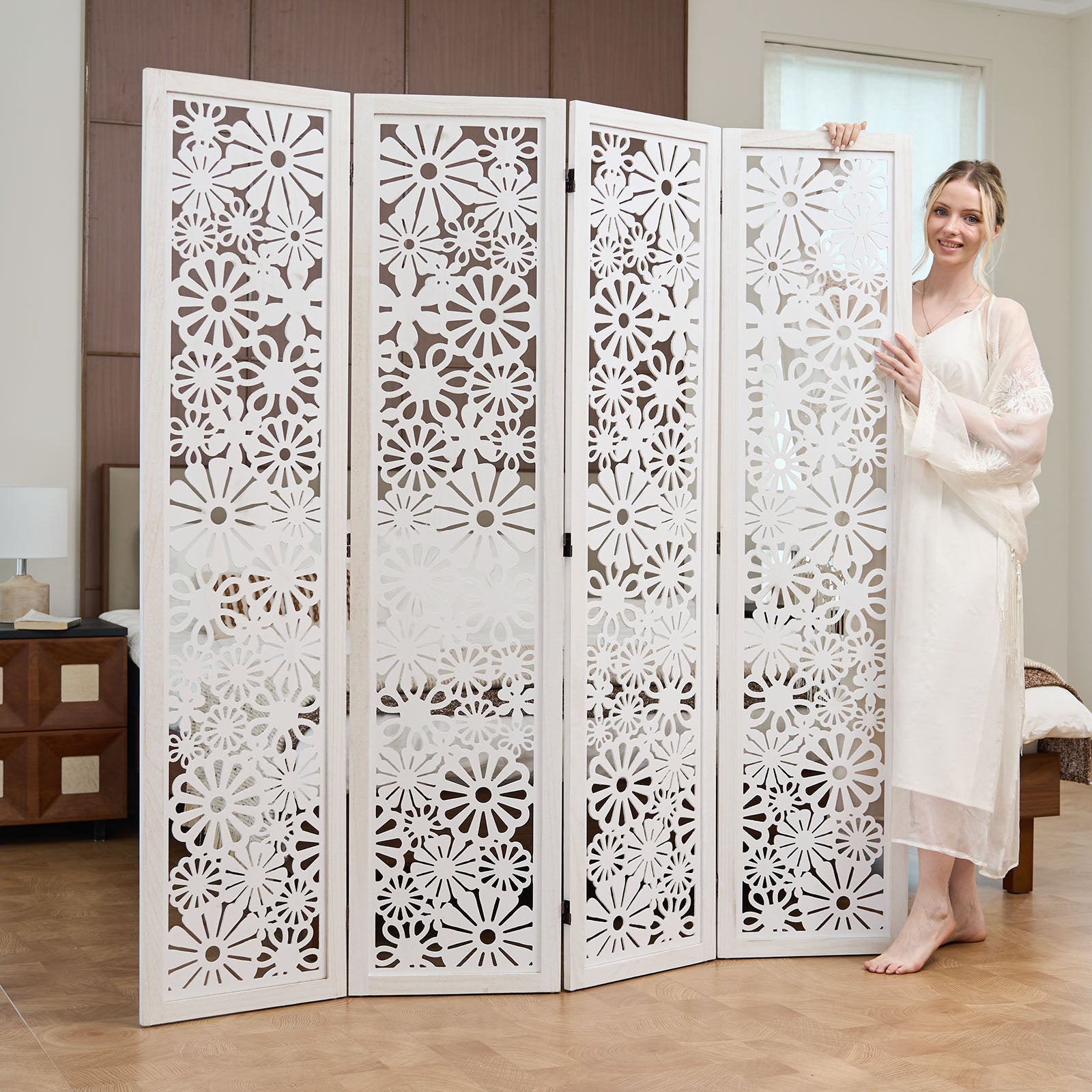 Daisy 67" Floral Carved Wooden Room Divider