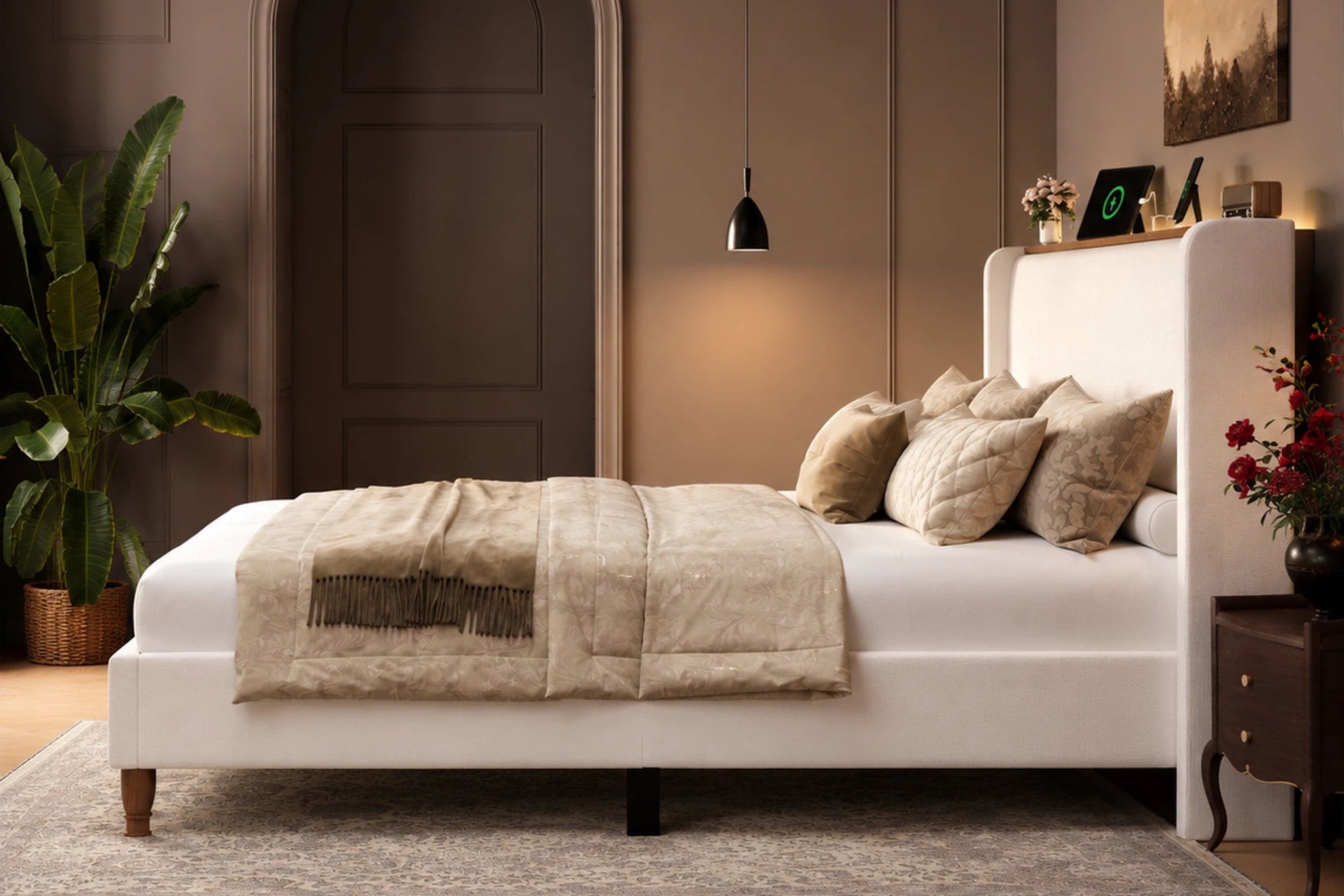 Modern bedroom with a white bed, beige pillows, and decorative elements.