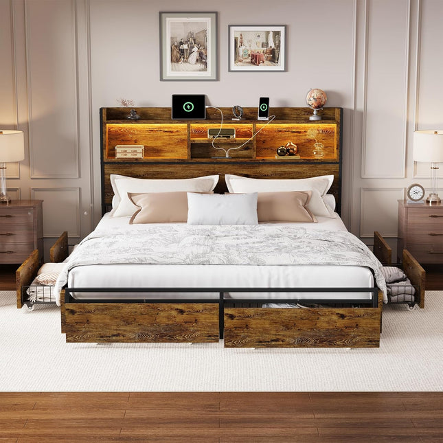 Strato Wood Bed Frame Storage Headboard with Charging Station and 6 Drawers