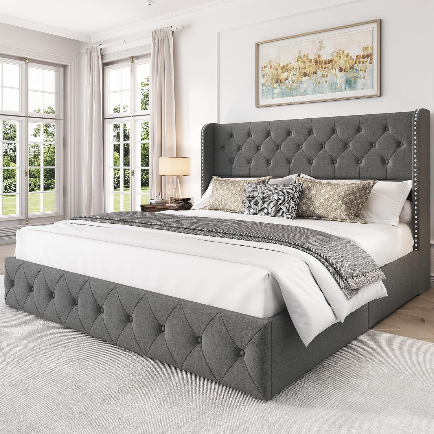 Korall Linen Upholstered Platform Bed Frame with Storage