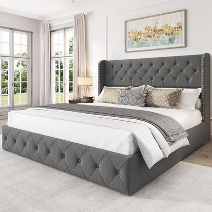 Korall Linen Upholstered Platform Bed Frame with Storage
