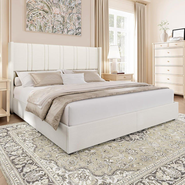 Modro Linen Upholstered Bed Frame with 4 Storage Drawer
