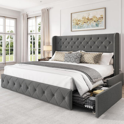 Korall Linen Upholstered Platform Bed Frame with Storage