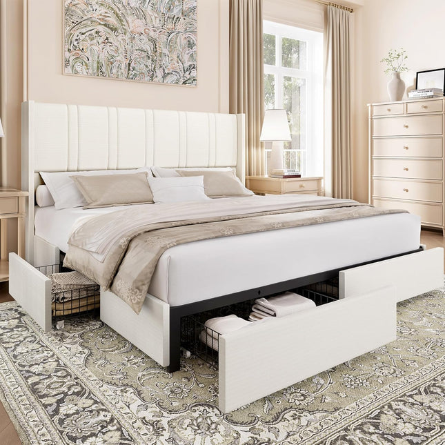 Modro Linen Upholstered Bed Frame with 4 Storage Drawer
