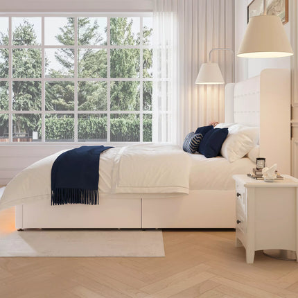 Liora Upholstered Bed Frame with 4 Storage Drawers, Velvet Tufted Butoon Wingback Headboard,LED Lights
