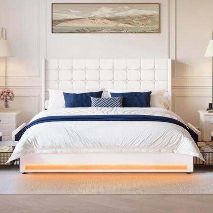Liora Upholstered Bed Frame with 4 Storage Drawers, Velvet Tufted Butoon Wingback Headboard,LED Lights