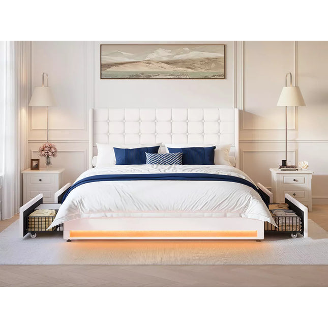 Liora Upholstered Bed Frame with 4 Storage Drawers, Velvet Tufted Butoon Wingback Headboard,LED Lights