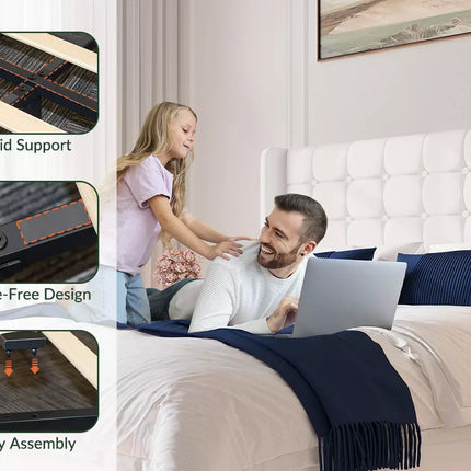 Liora Upholstered Bed Frame with 4 Storage Drawers, Velvet Tufted Butoon Wingback Headboard,LED Lights