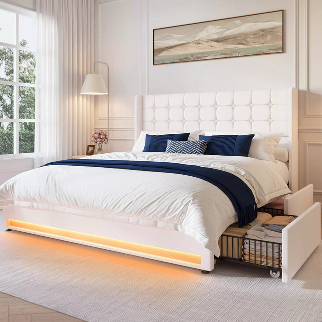 Liora Upholstered Bed Frame with 4 Storage Drawers, Velvet Tufted Butoon Wingback Headboard,LED Lights
