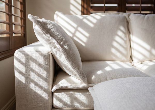 Beige sofa with white pillows in a room with sunlight filtering through blinds.