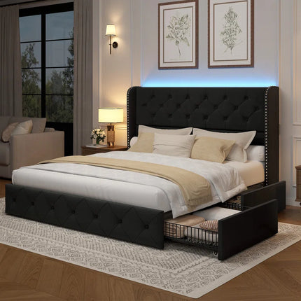 Koral Queen Size Upholstered Bed Frame with Storage Drawers,Tufted Wingback Headboard,Led Lights