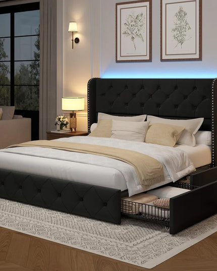 Korav Upholstered Bed Frame with Storage Drawers and LED lights