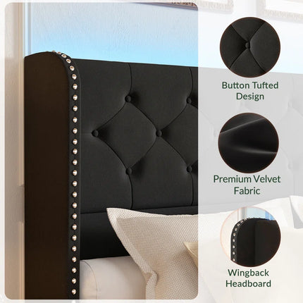 Koral Queen Size Upholstered Bed Frame with Storage Drawers,Tufted Wingback Headboard,Led Lights
