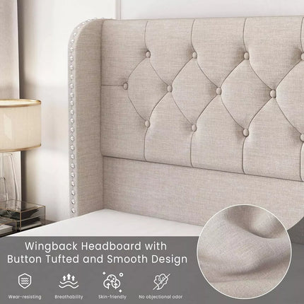 Koral Queen Size Upholstered Bed Frame with Storage Drawers,Tufted Wingback Headboard,Led Lights