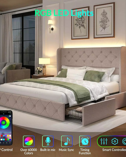 Korav Upholstered Bed Frame with Storage Drawers and LED lights