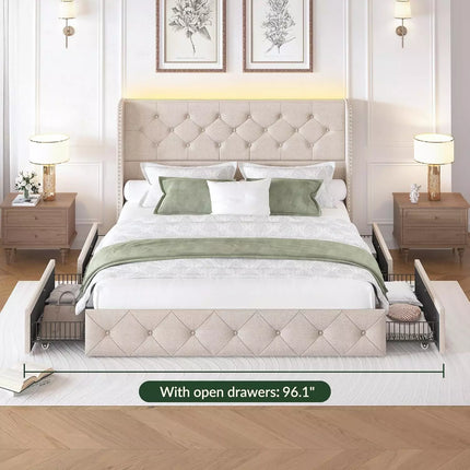 Koral Queen Size Upholstered Bed Frame with Storage Drawers,Tufted Wingback Headboard,Led Lights