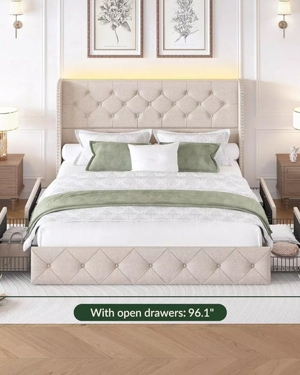 Korav Upholstered Bed Frame with Storage Drawers and LED lights