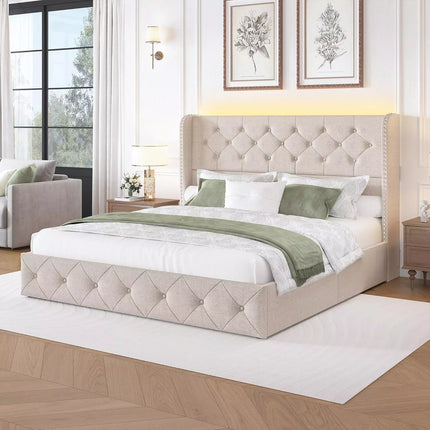 Koral Queen Size Upholstered Bed Frame with Storage Drawers,Tufted Wingback Headboard,Led Lights