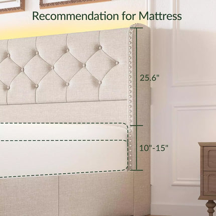 Koral Queen Size Upholstered Bed Frame with Storage Drawers,Tufted Wingback Headboard,Led Lights