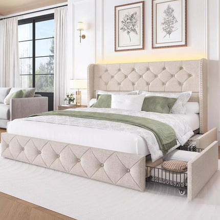 Koral Queen Size Upholstered Bed Frame with Storage Drawers,Tufted Wingback Headboard,Led Lights