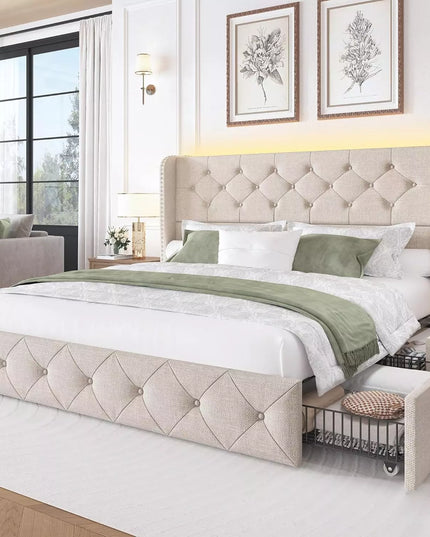 Korav Upholstered Bed Frame with Storage Drawers and LED lights