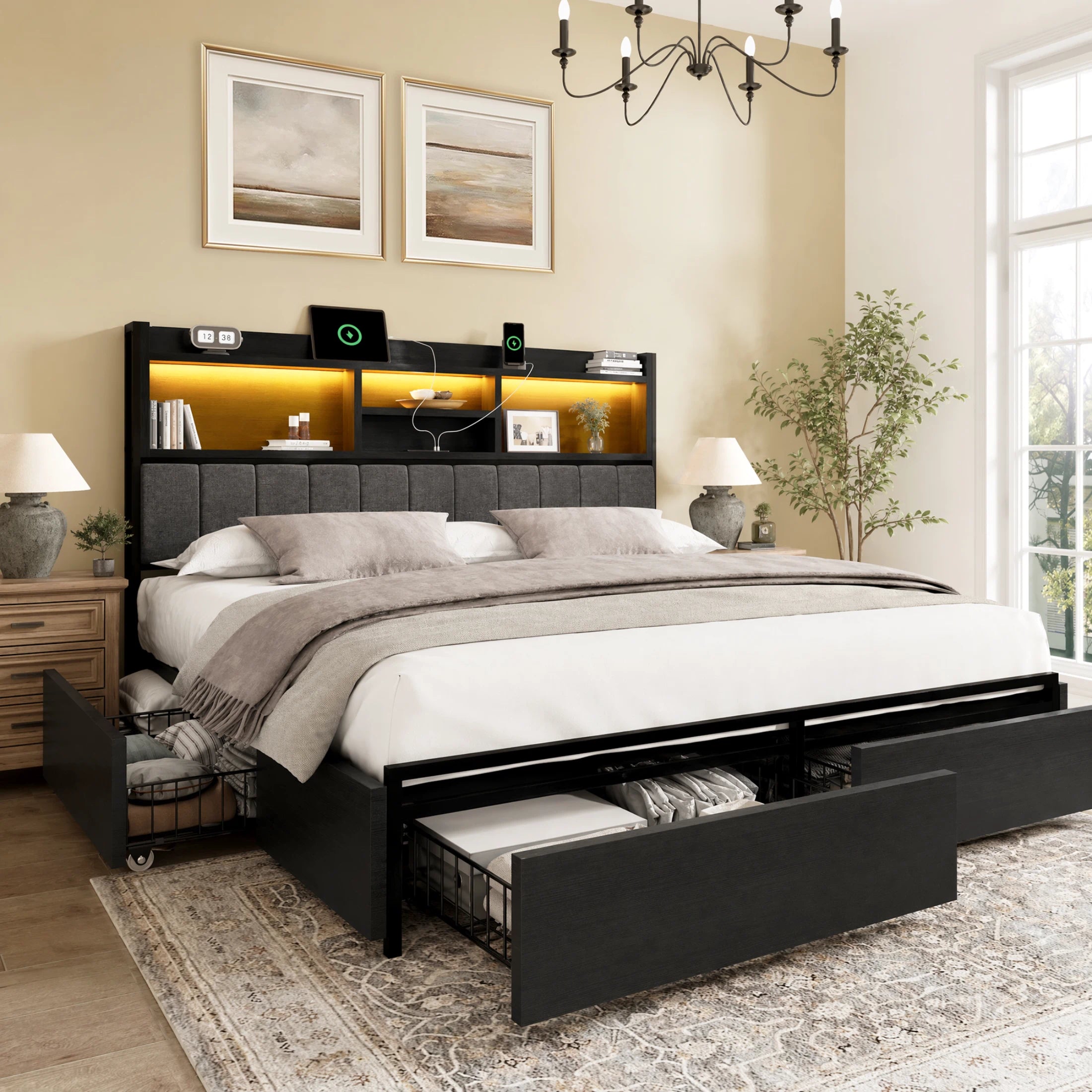 Softo Luxe Storage Bookcase Wood Bed Frame