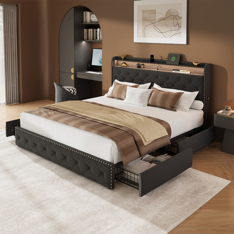 Larmace Bed Frame with 4 Drawers and Storage Headboard, Upholstered LED Bed Frame with Type-C & USB Charging Station, Velvet Platform Bed with Storage, No Box Spring Needed