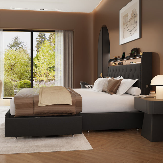Larmace Bed Frame with 4 Drawers and Storage Headboard, Upholstered LED Bed Frame with Type-C & USB Charging Station, Velvet Platform Bed with Storage, No Box Spring Needed