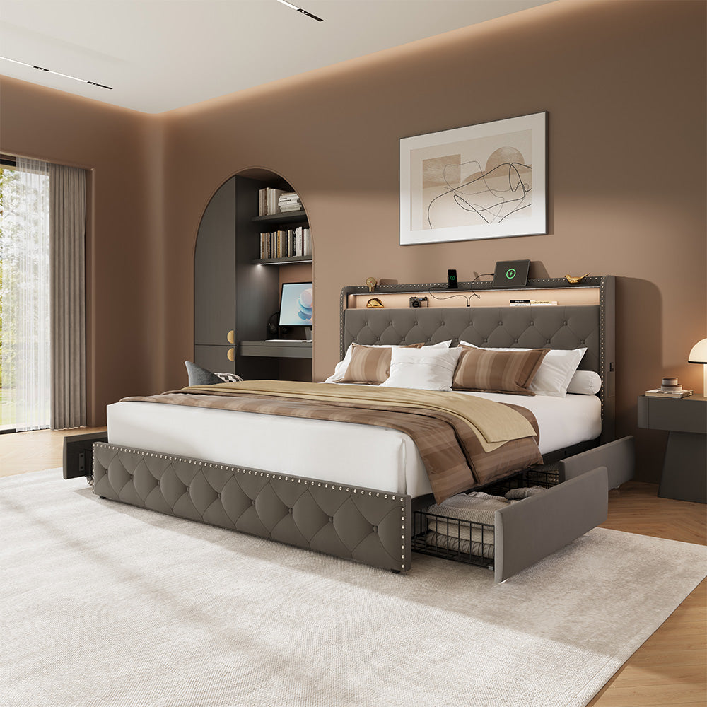 Larmace Bed Frame with 4 Drawers and Storage Headboard, Upholstered LED Bed Frame with Type-C & USB Charging Station, Velvet Platform Bed with Storage, No Box Spring Needed Grey