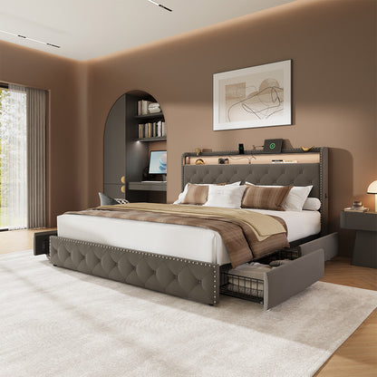 Larmace Bed Frame with 4 Drawers and Storage Headboard, Upholstered LED Bed Frame with Type-C & USB Charging Station, Velvet Platform Bed with Storage, No Box Spring Needed Grey