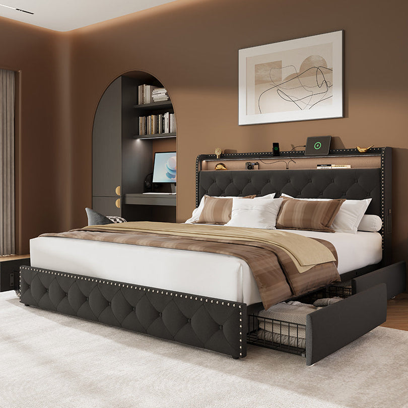 Larmace Bed Frame with 4 Drawers and Storage Headboard, Upholstered LED Bed Frame with Type-C & USB Charging Station, Velvet Platform Bed with Storage, No Box Spring Needed Black