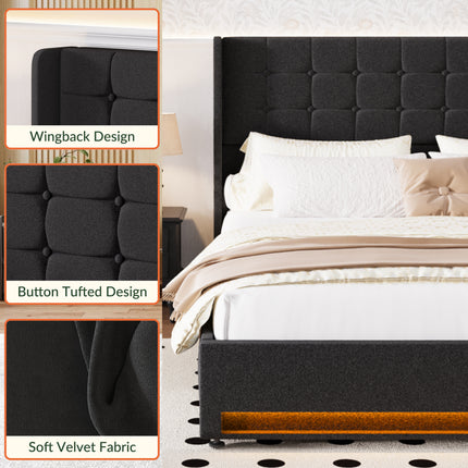 Larmace Bed Frame with 4 Storage Drawers, Velvet LED Upholstered Bed Frame with Headboard