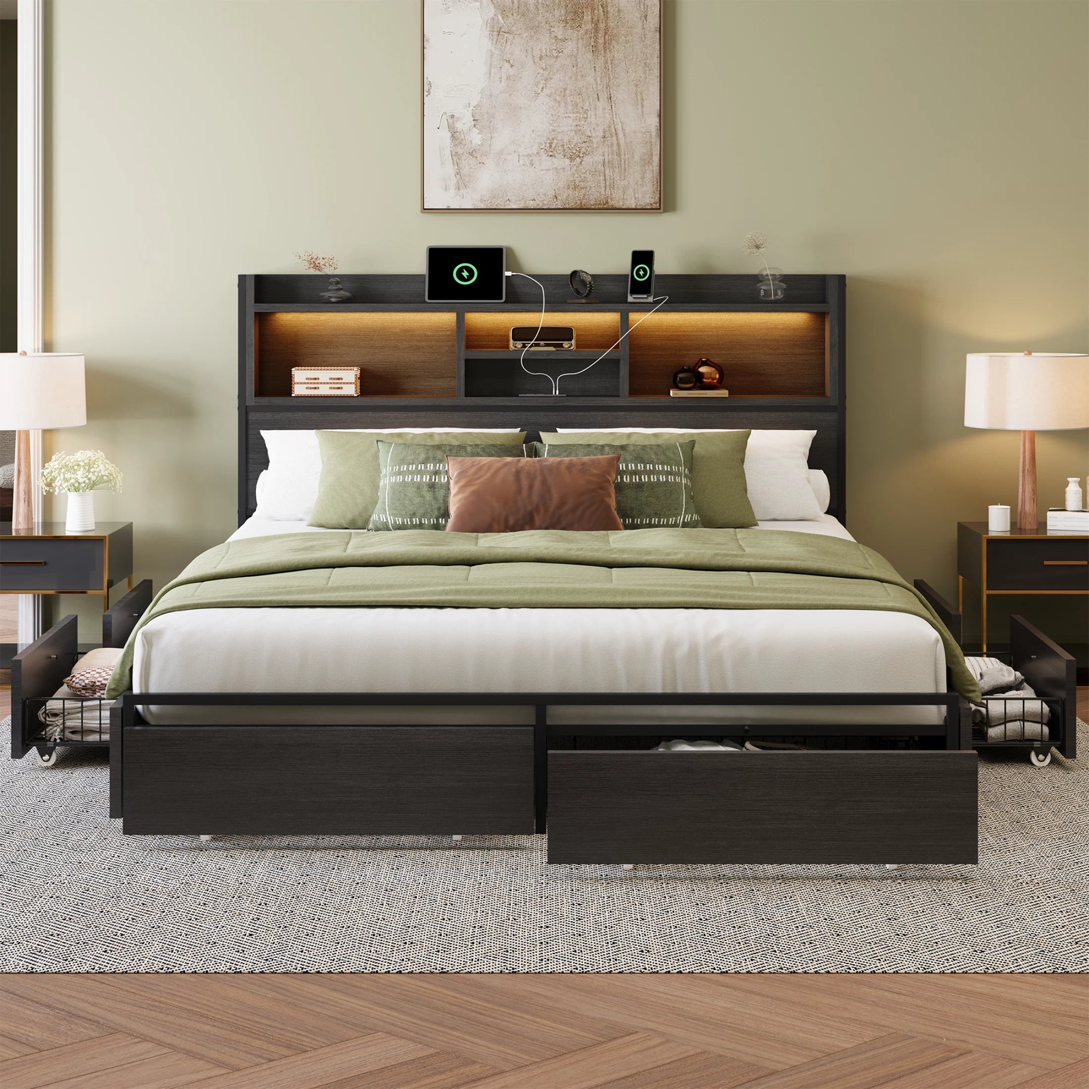 Softo Luxe Storage Bookcase Wood Bed Frame