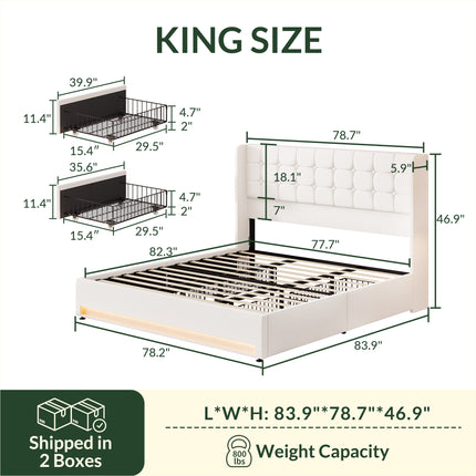 Larmace Bed Frame with 4 Storage Drawers, Velvet LED Upholstered Bed Frame with Headboard
