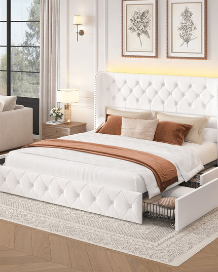 Koral Queen Size Upholstered Bed Frame with Storage Drawers,Tufted Wingback Headboard,Led Lights White Velvet
