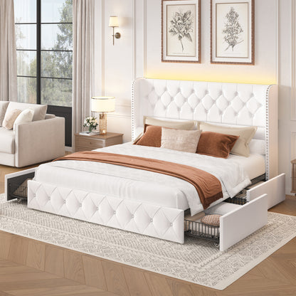 Koral Queen Size Upholstered Bed Frame with Storage Drawers,Tufted Wingback Headboard,Led Lights White Velvet