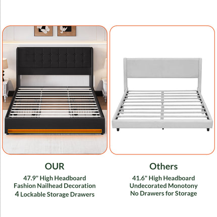 Larmace Bed Frame with 4 Storage Drawers, Velvet LED Upholstered Bed Frame with Headboard