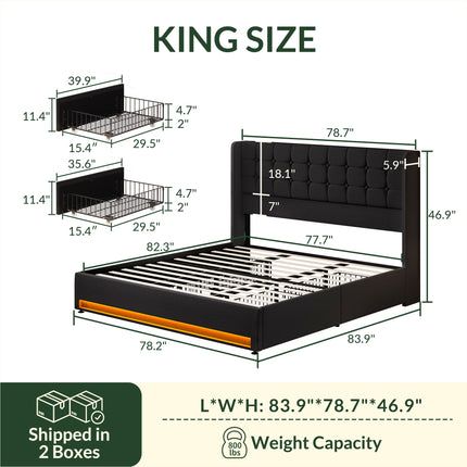 Larmace Bed Frame with 4 Storage Drawers, Velvet LED Upholstered Bed Frame with Headboard