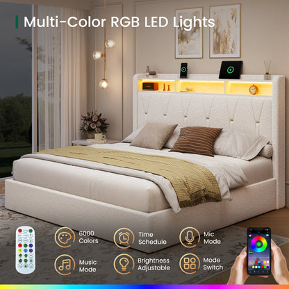 Covae Boucle Bed Frame with Storage Headboard,LED Lights,Charging ports and Underbed Drawers