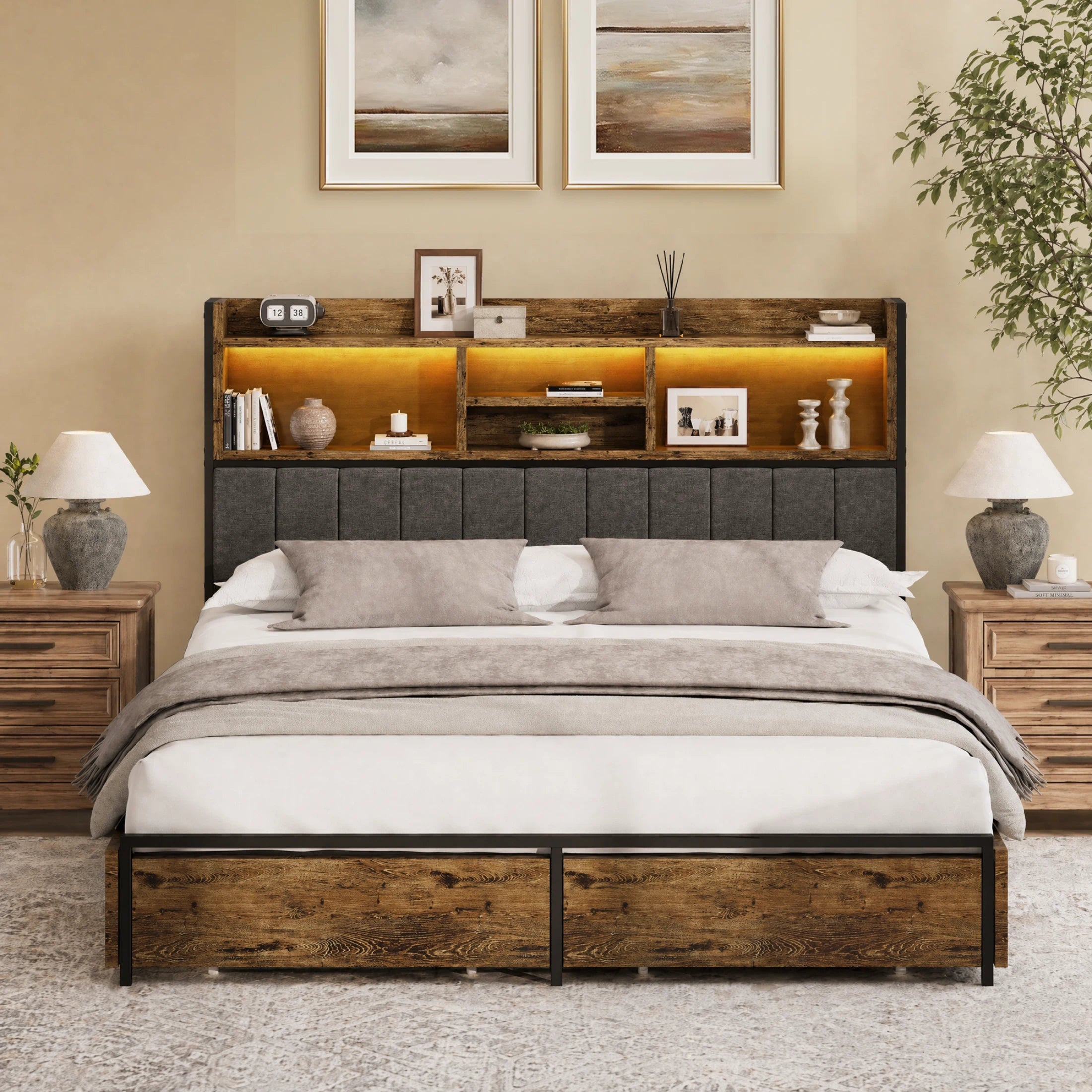 Softo Luxe Storage Bookcase Wood Bed Frame