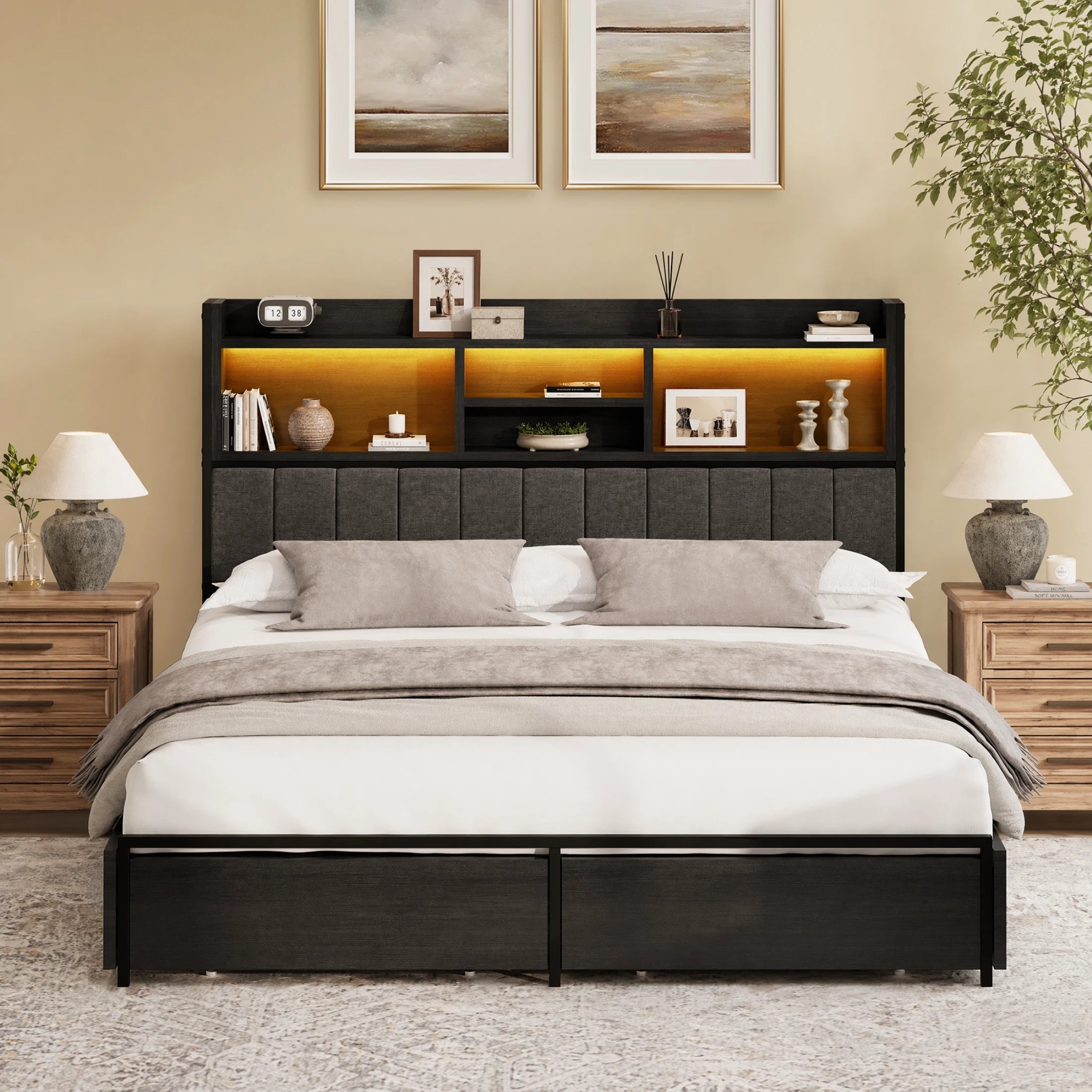 Softo Luxe Storage Bookcase Wood Bed Frame