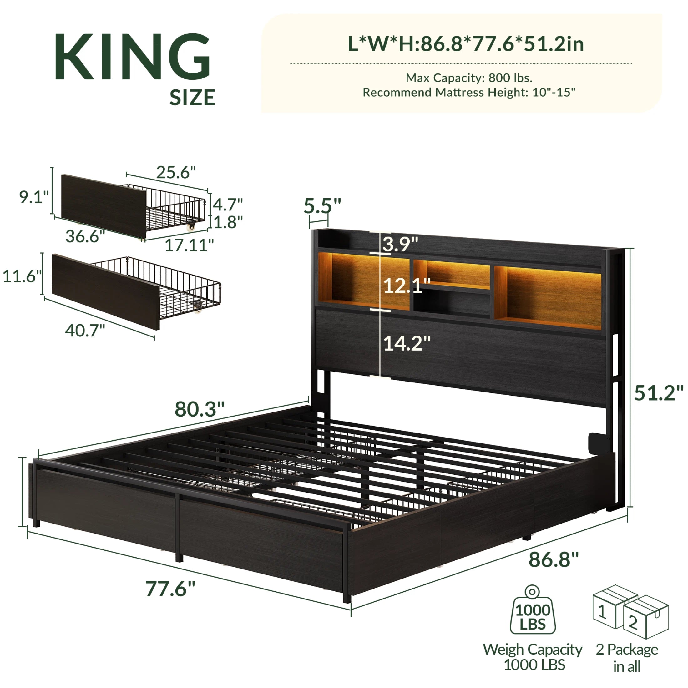 Softo Luxe Storage Bookcase Wood Bed Frame