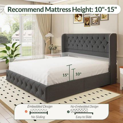 Koral Upholstered King Size Bed Frame with Storage Drawers,Tufted Wingback Headboard