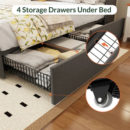 Koral Upholstered King Size Bed Frame with Storage Drawers,Tufted Wingback Headboard