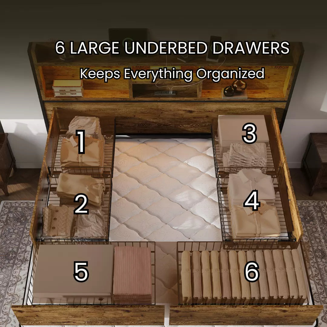 Strato Wood Bed Frame Storage Headboard with Charging Station and 6 Drawers