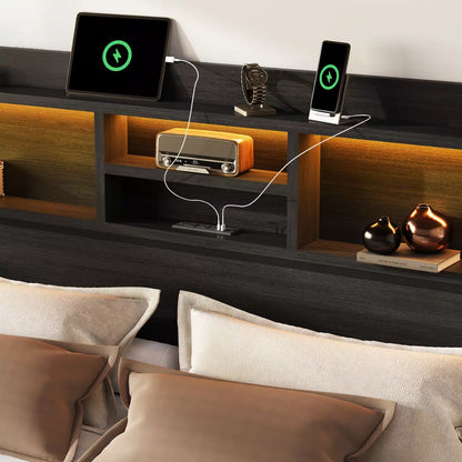 Strato Wood Bed Frame Storage Headboard with Charging Station and 6 Drawers