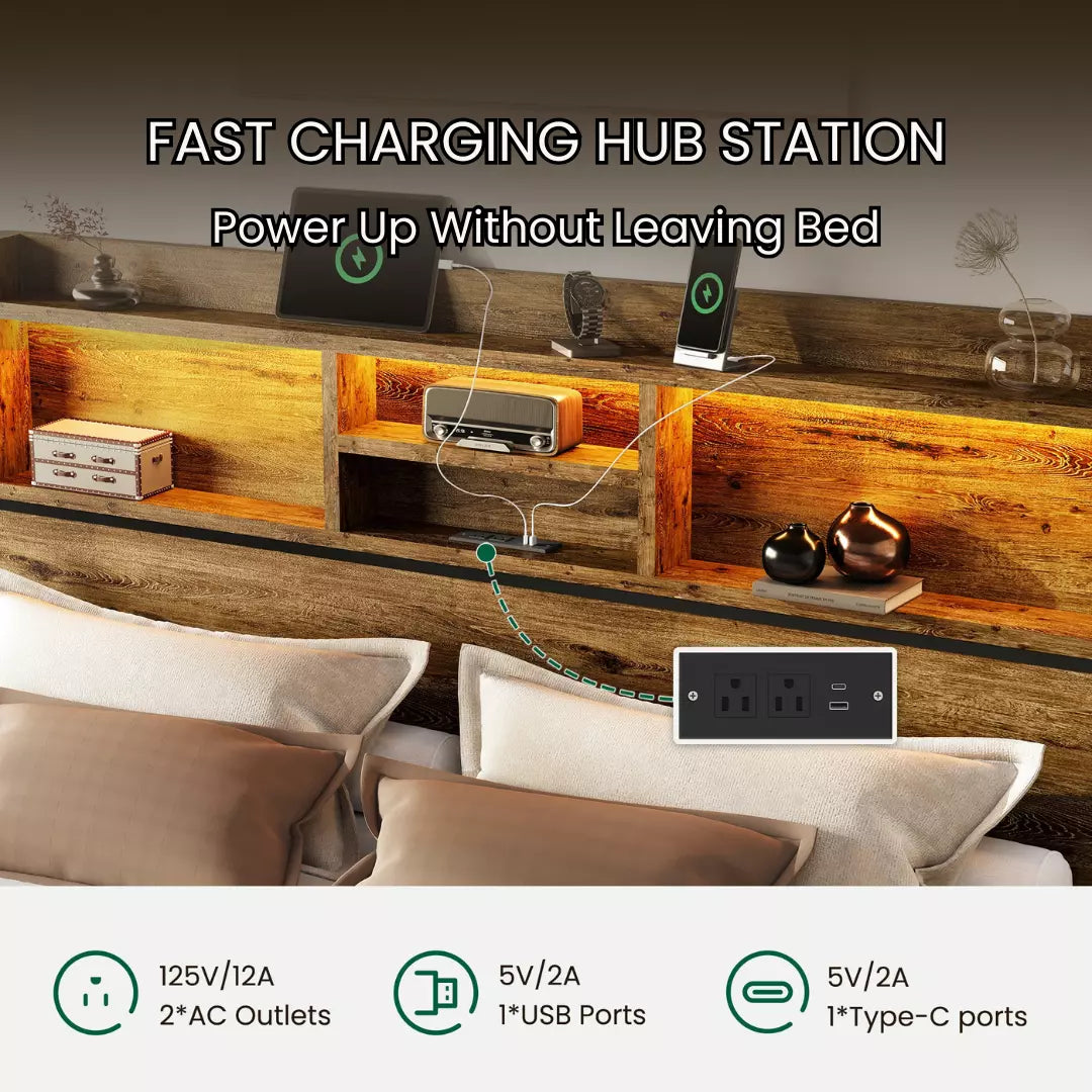 Strato Wood Bed Frame Storage Headboard with Charging Station and 6 Drawers